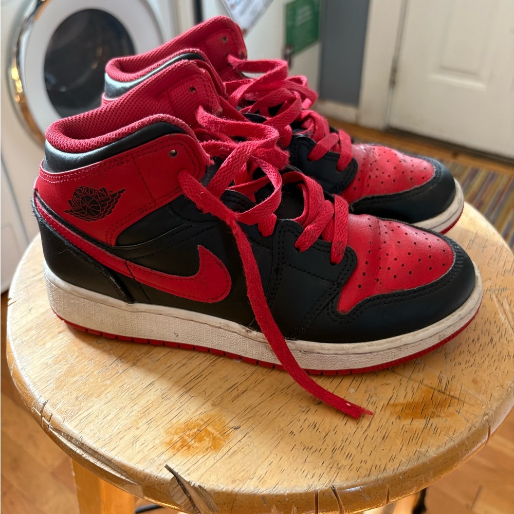 Air Jordan 1 Mid  Kids Red and Black High-Top Sneakers
